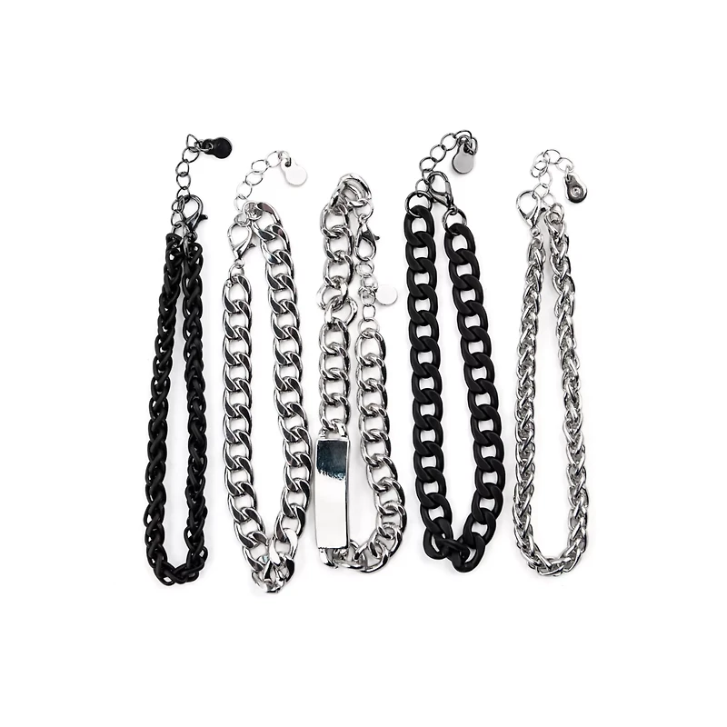 Multi-Pack Black and Silvertone Curb Chain Bracelets - 5 Pack