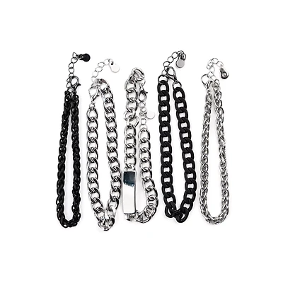 Multi-Pack Black and Silvertone Curb Chain Bracelets - 5 Pack