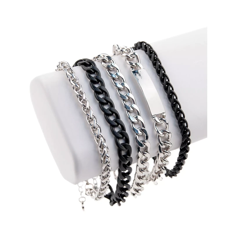 Multi-Pack Black and Silvertone Curb Chain Bracelets - 5 Pack