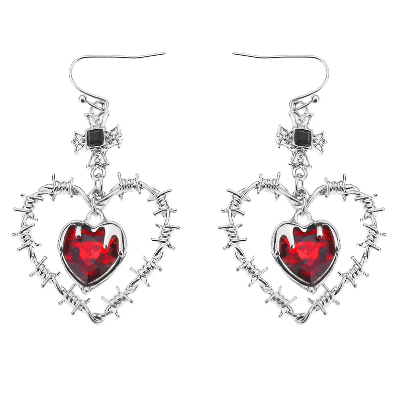 Barbed Wire Heart and Cross Dangle Earrings