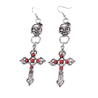 Red Skull and Cross Dangle Earrings