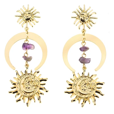 Gold and Amethyst-Effect Celestial Dangle Earrings