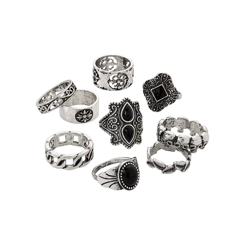 Multi-Pack Silvertone Gothic Rings - 9 Pack