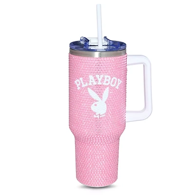 Pink and White Playboy Rhinestone Travel Tumbler with Straw - 40 oz.