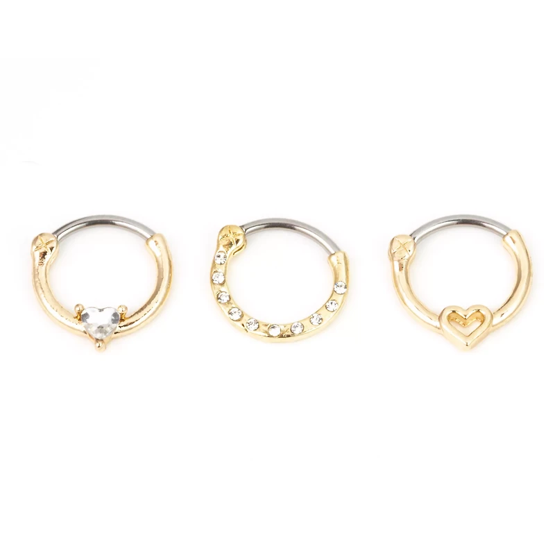 Multi-Pack Goldtone CZ Heart Hinged Septum Rings 3 Pack - 16 Gauge
