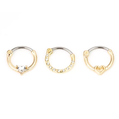 Multi-Pack Goldtone CZ Heart Hinged Septum Rings 3 Pack - 16 Gauge