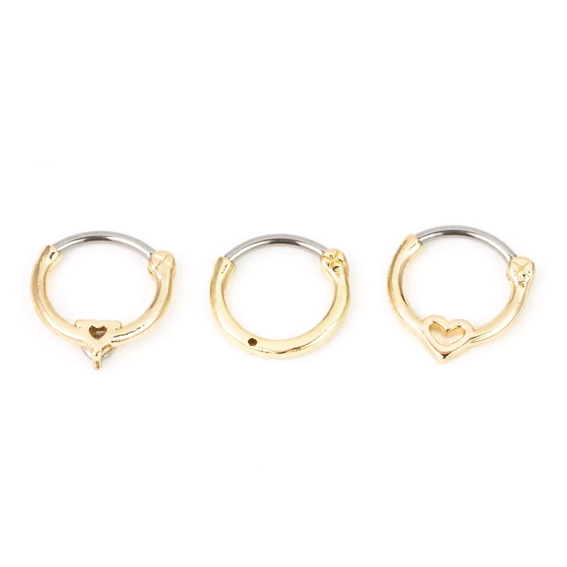 Multi-Pack Goldtone CZ Heart Hinged Septum Rings 3 Pack - 16 Gauge