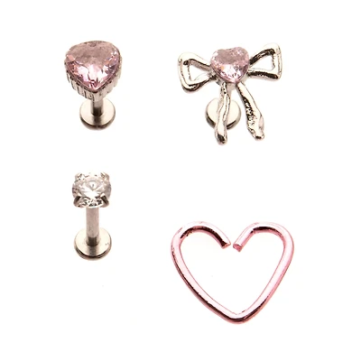 Multi-Pack CZ Pink Bow Heart Cartilage Earrings 4 Pack - 18 Gauge