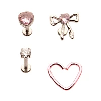 Multi-Pack CZ Pink Bow Heart Cartilage Earrings 4 Pack - 18 Gauge