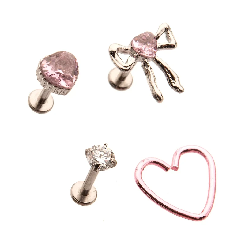 Multi-Pack CZ Pink Bow Heart Cartilage Earrings 4 Pack - 18 Gauge