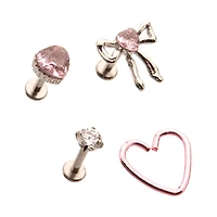 Multi-Pack CZ Pink Bow Heart Cartilage Earrings 4 Pack - 18 Gauge