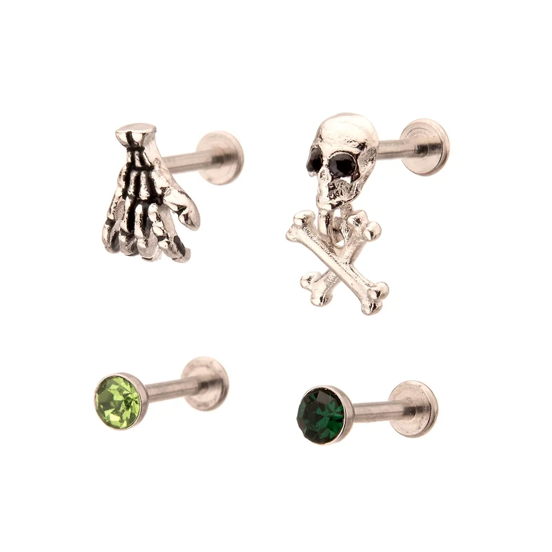 Multi-Pack CZ Green Skull Cartilage Earrings 4 Pack - 18 Gauge