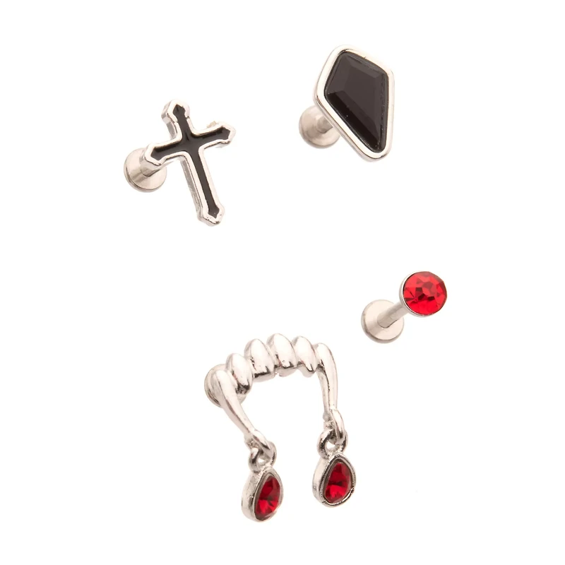 Multi-Pack CZ Red and Black Fangs Cross Cartilage Earrings 4 Pack - 18 Gauge