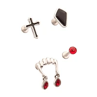 Multi-Pack CZ Red and Black Fangs Cross Cartilage Earrings 4 Pack - 18 Gauge