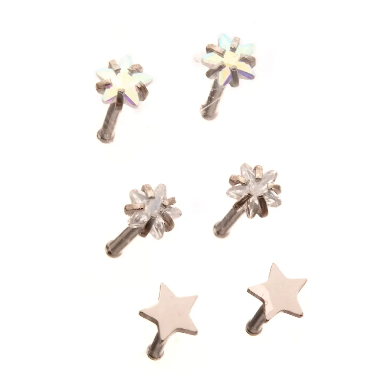 Multi-Pack Silver and Crystal Star Nose Pins 6 Pack - 20 Gauge