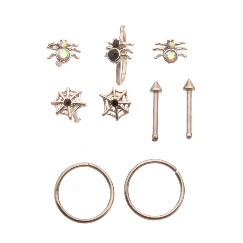 Multi-Pack CZ Spiderweb Nose Pins and Hoop 9 Pack - 20 Gauge