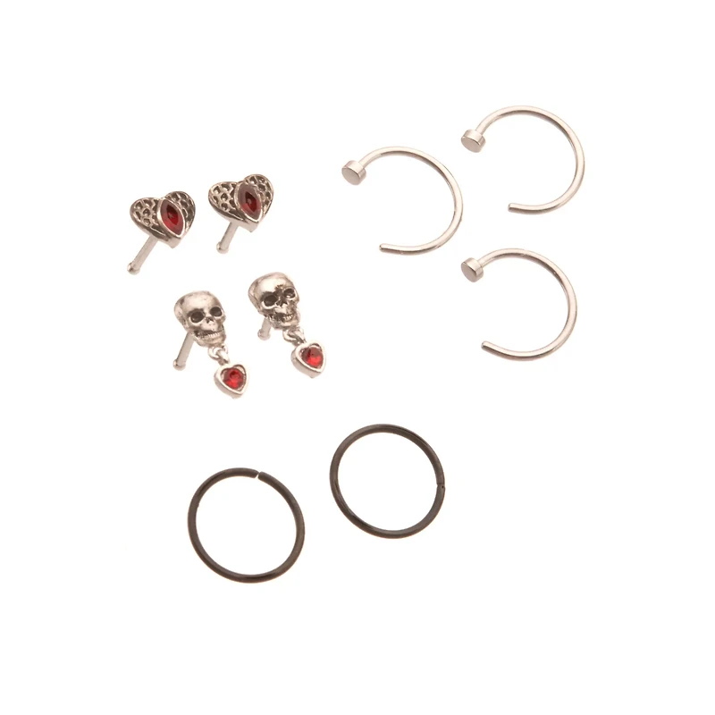 Multi-Pack CZ Skull Dangle Nose Pins and Hoop 9 Pack - 20 Gauge
