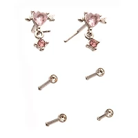 Multi-Pack Lovestruck Heart Dangle and Basic Nose Pins 6 Pack - 20 Gauge