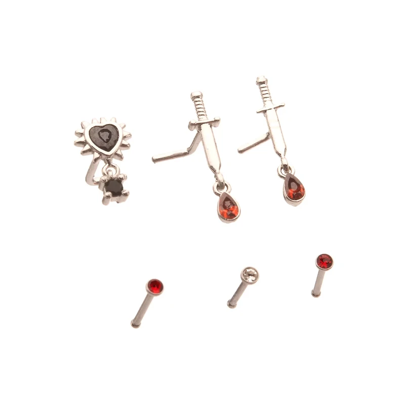 Multi-Pack Dangle Gem Heart Sword L-Bend and Basic Nose Pins 6 Pack - 20 Gauge