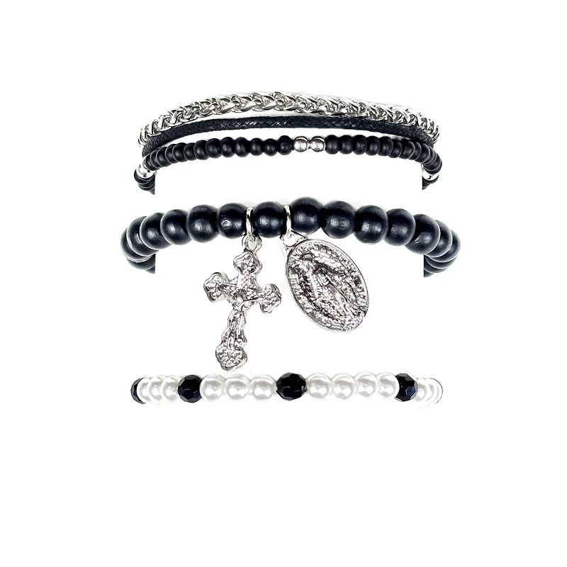 Multi-Pack Pearl-Effect Cross Black Silvertone Bracelets - 3 Pack