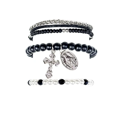 Multi-Pack Pearl-Effect Cross Black Silvertone Bracelets - 3 Pack