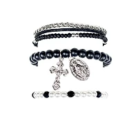 Multi-Pack Pearl-Effect Cross Black Silvertone Bracelets - 3 Pack