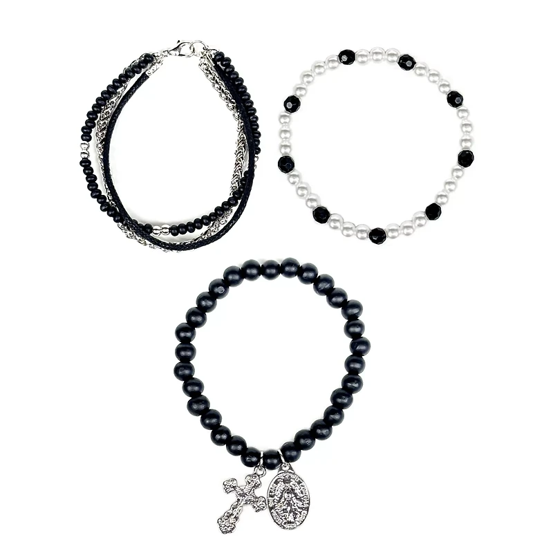 Multi-Pack Pearl-Effect Cross Black Silvertone Bracelets - 3 Pack