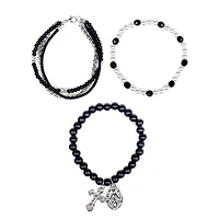 Multi-Pack Pearl-Effect Cross Black Silvertone Bracelets - 3 Pack
