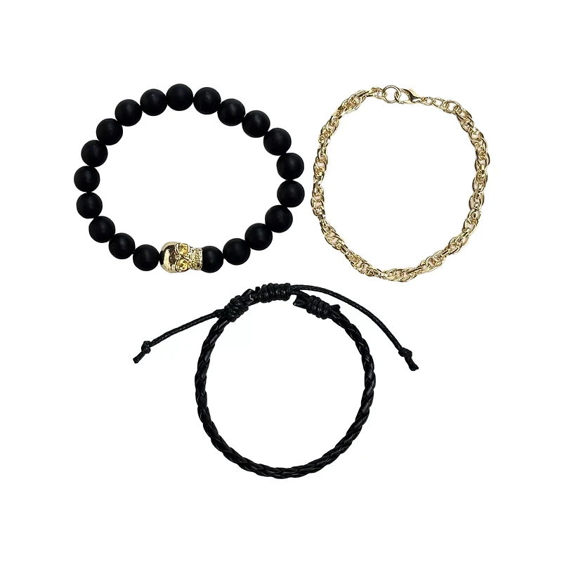 Multi-Pack Black and Goldtone Skull Beaded Cord Bracelets - 3 Pack