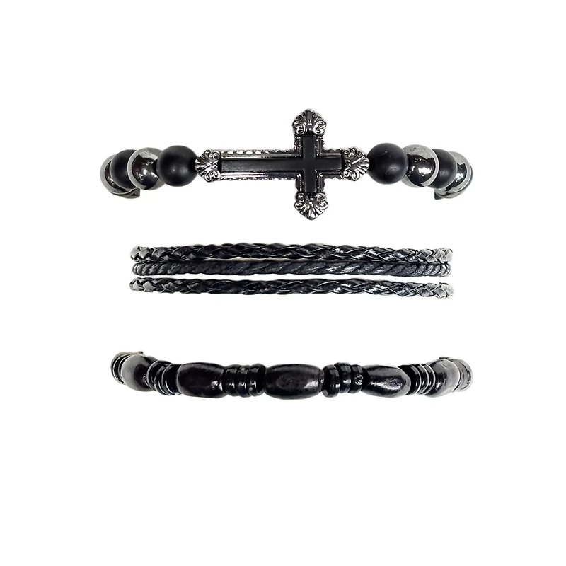 Multi-Pack Black Beaded Cord Cross Bracelets - 3 Pack
