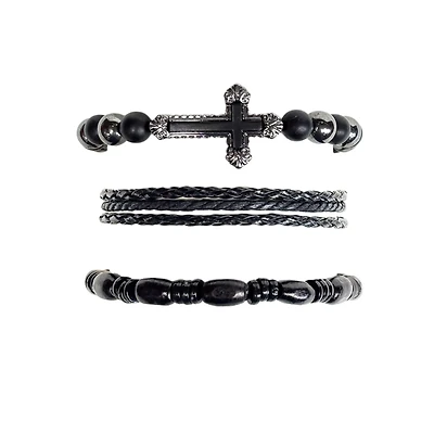 Multi-Pack Black Beaded Cord Cross Bracelets - 3 Pack