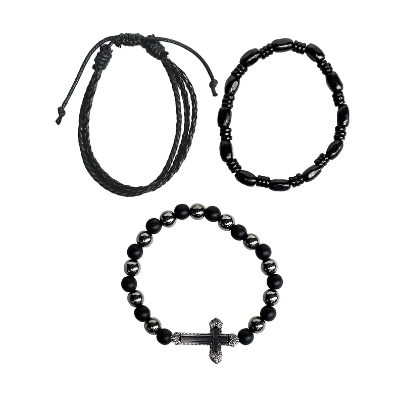 Multi-Pack Black Beaded Cord Cross Bracelets - 3 Pack