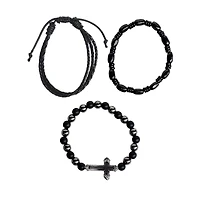 Multi-Pack Black Beaded Cord Cross Bracelets - 3 Pack