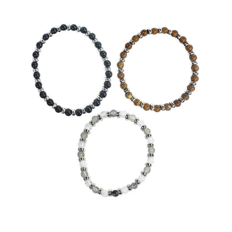 Multi-Pack Black White and Brown Beaded Bracelets - 3 Pack