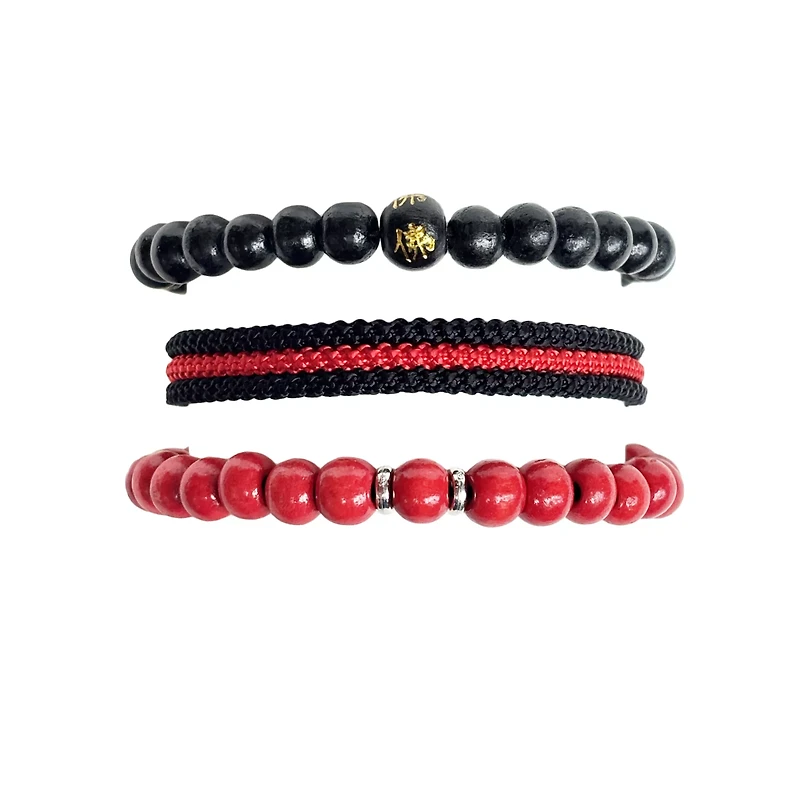 Multi-Pack Black and Red Beaded Cord Bracelets - 3 Pack