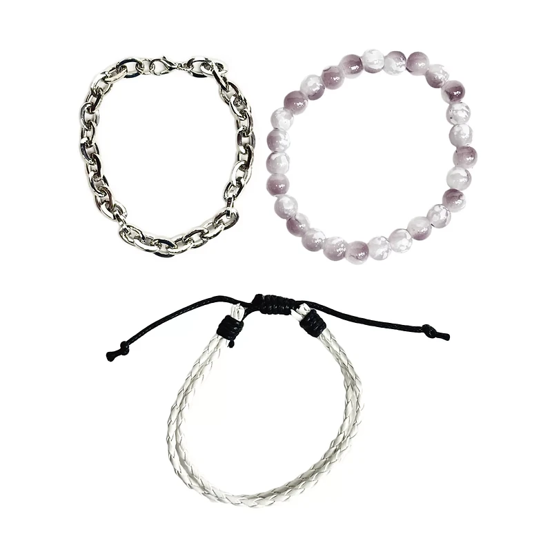 Multi-Pack White Beaded Cord and Chain Bracelets - 3 Pack
