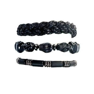 Multi-Pack Black Skull and Braided Bracelets - 3 Pack