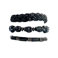 Multi-Pack Black Skull and Braided Bracelets - 3 Pack