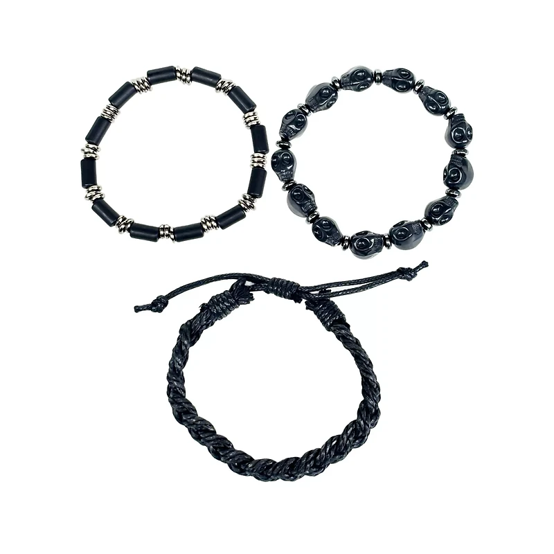 Multi-Pack Black Skull and Braided Bracelets - 3 Pack