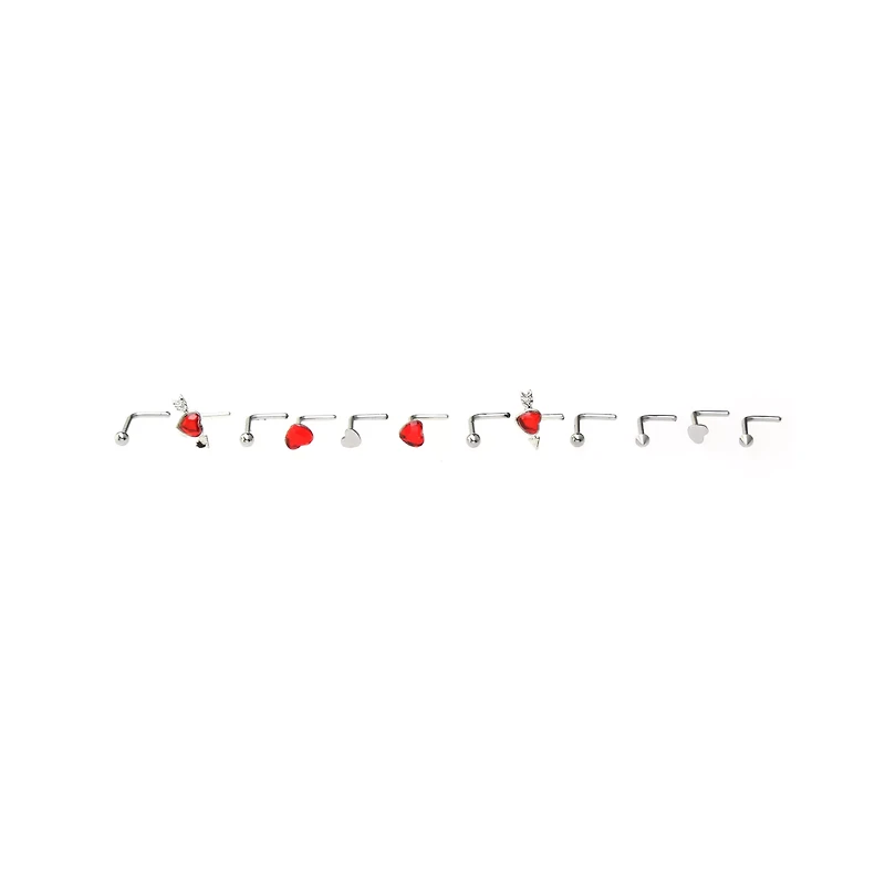 Multi-Pack Red Heart Gem L-Bend Nose Pins 12 Pack - 20 Gauge