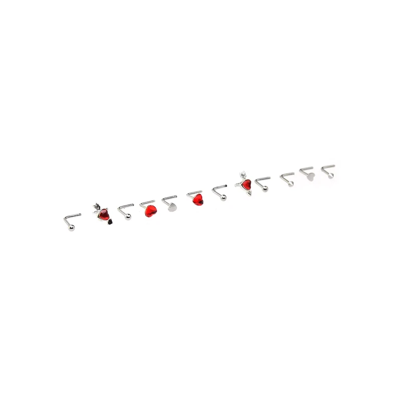 Multi-Pack Red Heart Gem L-Bend Nose Pins 12 Pack - 20 Gauge