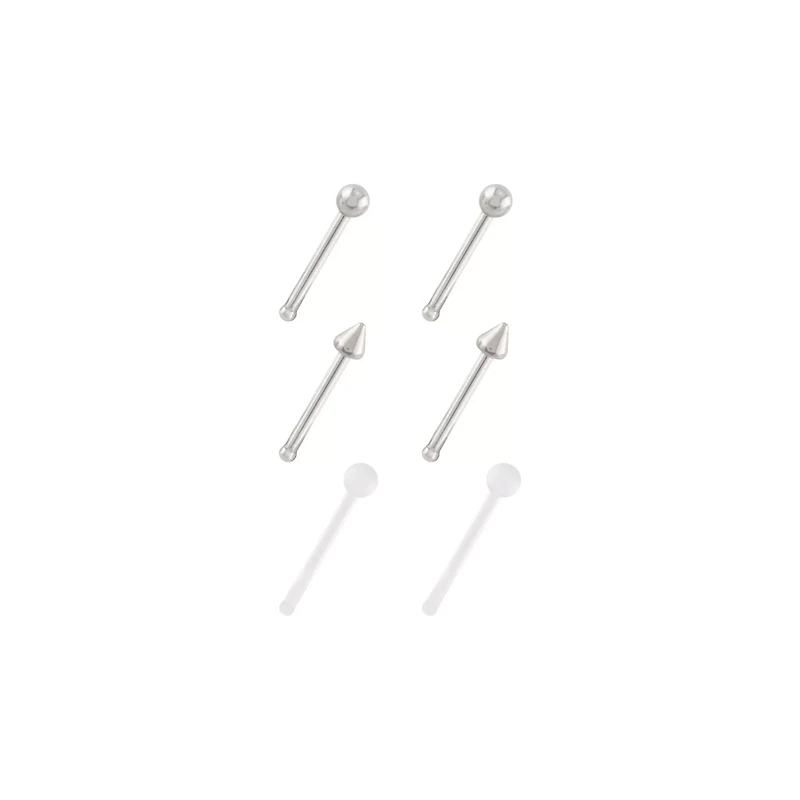 Multi-Pack Silvertone and Acrylic Retainer Nose Pins 6 Pack - 20 Gauge