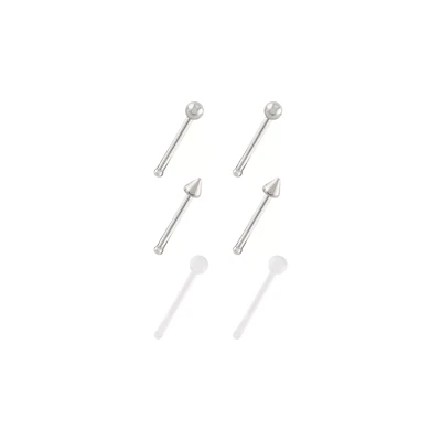 Multi-Pack Silvertone and Acrylic Retainer Nose Pins 6 Pack - 20 Gauge