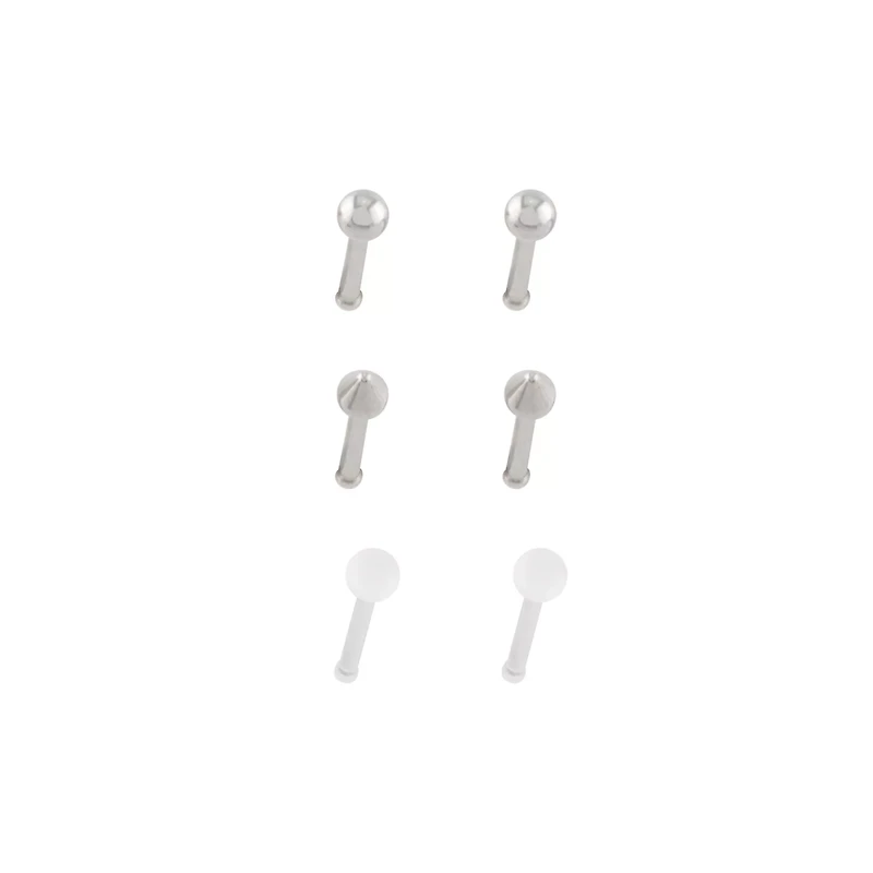 Multi-Pack Silvertone and Acrylic Retainer Nose Pins 6 Pack - 20 Gauge