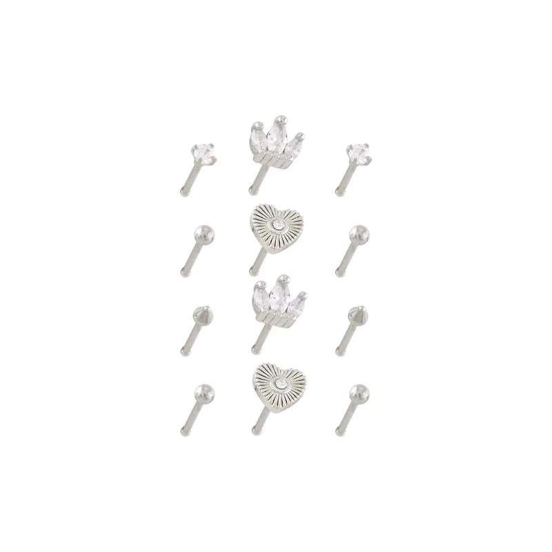 Multi-Pack Heart and Crown Nose Pins 12 Pack - 20 Gauge
