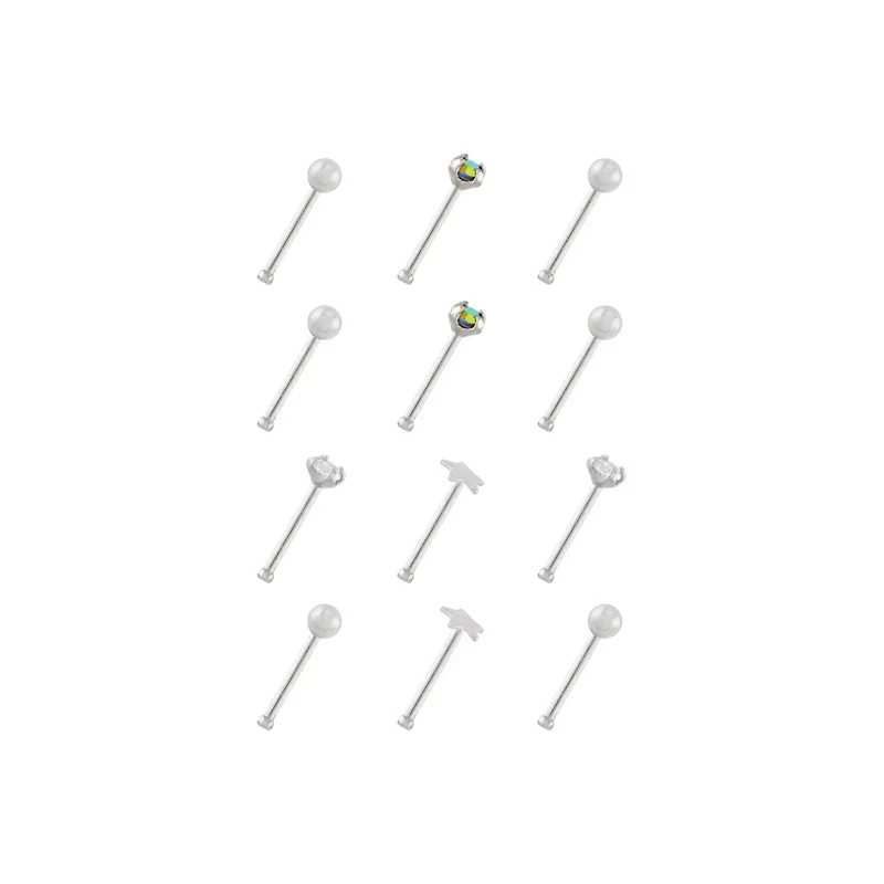 Multi-Pack Silvertone Star Prong Nose Pins 12 Pack - 20 Gauge