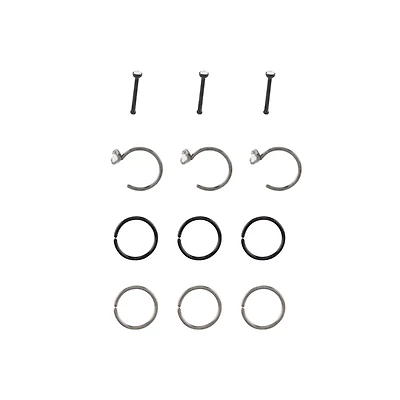Multi-Pack Silvertone and Black CZ Nose Hoops and Pins 12 Pack - 20 Gauge