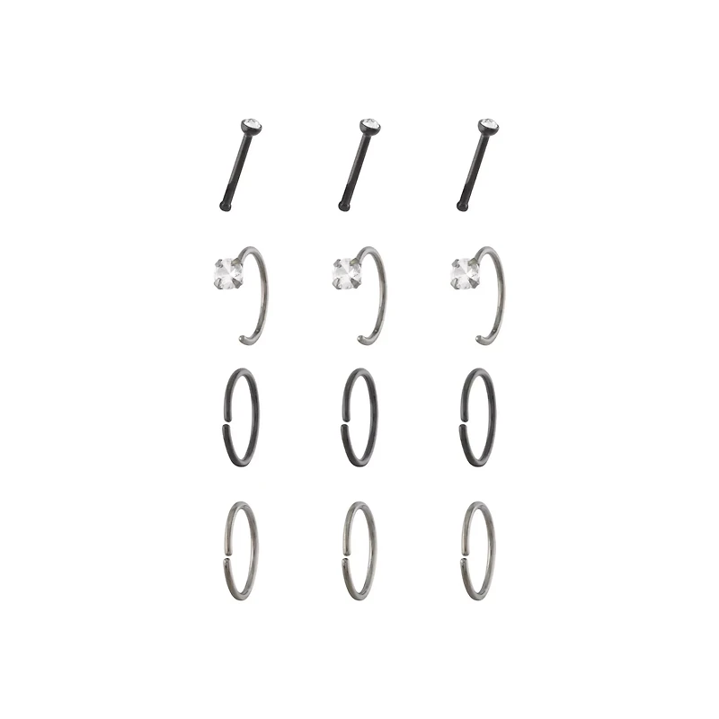 Multi-Pack Silvertone and CZ Nose Hoops and Pins 12 Pack