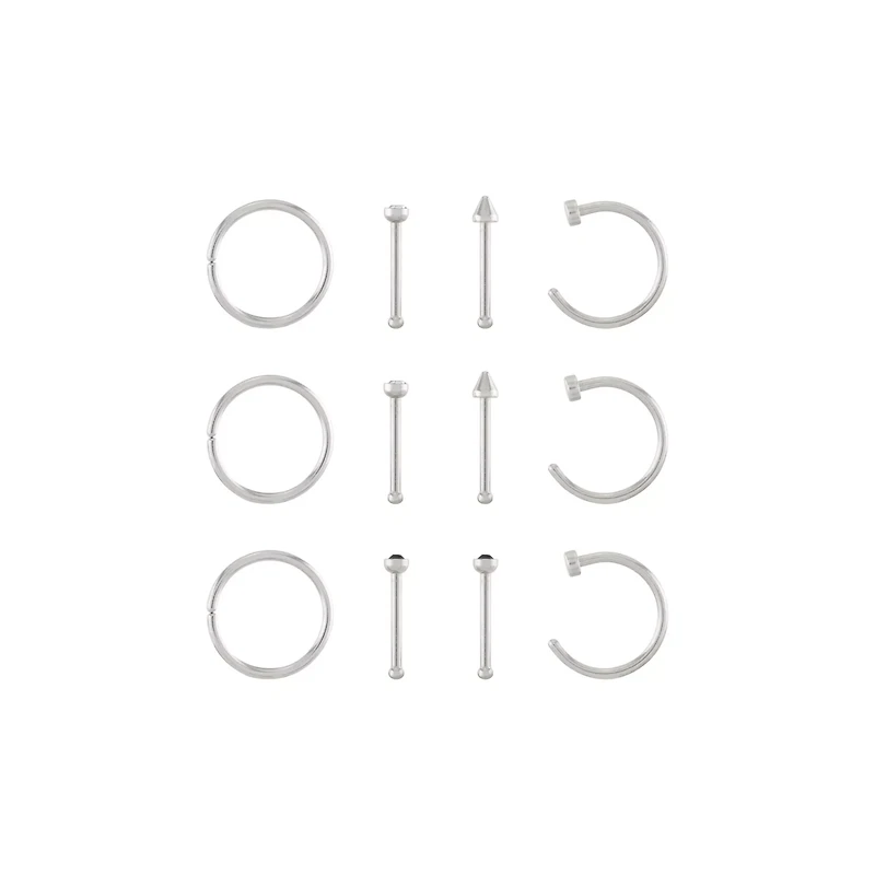 Multi-Pack Silvertone CZ Nose Hoops and Pins 12 Pack - 20 Gauge