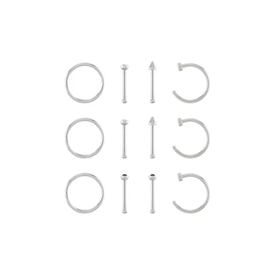 Multi-Pack Silvertone CZ Nose Hoops and Pins 12 Pack - 20 Gauge
